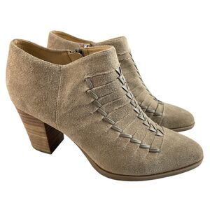 Franco Sarto Destiny Ankle Booties 9M Taupe Suede Woven Stacked Block Heel